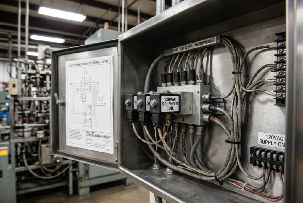 位於 Des Moines 的北美傳統工業設施內拍攝的詳細特寫照片，聚焦於開放式氣動控制面板。幾個 120VAC 電磁線圈安裝在一個歧管上，上面附有清晰的白色標籤，以專業文字標示「120VAC SOLENOID COIL」。周圍的現有硬接線清晰可見，標有 "EXISTING 120VAC HARDWIRING"（現有 120VAC 硬接線）。內側面板門上附有大型接線圖，標有「LEGACY 120VAC PNEUMATIC CONTROL STATION」和「BUILT: 1987」，直接引用文章中關於 Brian 的故事。在標有「24VDC SUPPLY (NONE)」的標籤旁有一個紅色的小叉叉「X」，直觀地證實了缺乏現代化的直流基礎設施。焦點集中在技術元件上。.