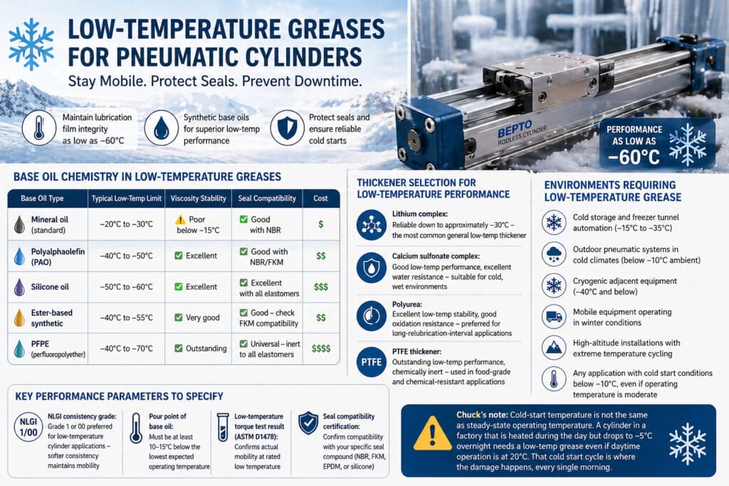 氣壓缸低溫潤滑脂選擇指南，說明合成基礎油、低溫稠化劑和冷啟動規格如何在冷凍庫、戶外和零度以下的自動化環境中幫助維持潤滑膜完整性、保護密封件和防止停機。.