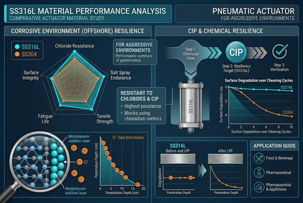 過酷な環境で使用される空気圧アクチュエーター用ステンレス鋼SS316LとSS304の性能を比較したデータインフォグラフィック。比較レーダーチャートによる「腐食環境耐性」、モリブデンの役割を示す原子構造の視覚化、「Cl-データ分布」、表面劣化チャートによる「CIPと化学薬品耐性」のセクションが含まれています。このインフォグラフィックには、食品、飲料、製薬業界向けの要約テキストボックスとアプリケーションガイドが掲載されており、SS316Lの塩化物や化学洗浄に対する優れた耐性について詳しく説明しています。.