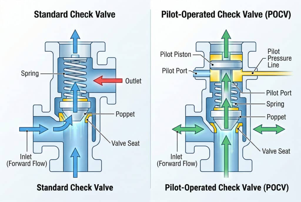 A detailed technical illustration comparing the internal mechanics of a Standard Check Valve and a Pilot-Operated Check Valve (POCV). The left panel shows the standard valve with labeled components like spring and poppet, demonstrating passive, one-way flow. The right panel displays the POCV with its additional pilot piston and external pilot pressure line, highlighting how a command-driven signal enables controlled, bidirectional flow.