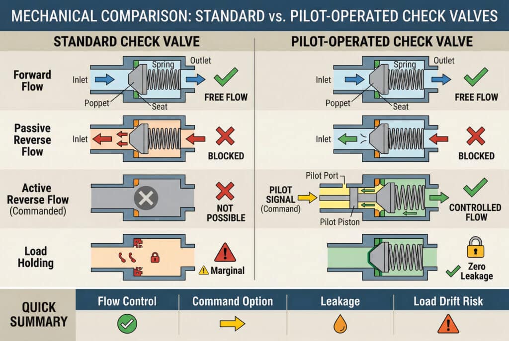 A technical infographic contrasting standard check valves and pilot-operated check valves (POCV). The image is a diagram split into two columns, showing the flow states for both. For the standard check valve on the left, it shows forward flow is free but reverse flow is always blocked with no other control options. For the POCV on the right, it displays a similar forward flow but uses an external 'PILOT SIGNAL' arrow to push a piston, lifting the internal poppet and enabling controlled reverse flow with green arrows. Multiple flow directions are compared across both designs with visual indicators like arrows, checkmarks, and crosses, illustrating how the pilot signal grants bidirectional control.