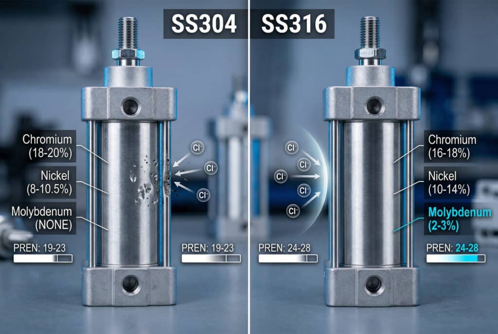 SS304とSS316の空気圧シリンダーを並べて技術比較。SS316の2-3%モリブデンがPRENを増加させ、塩化物孔食に抵抗するのに対し、SS304は表面損傷を示す。.