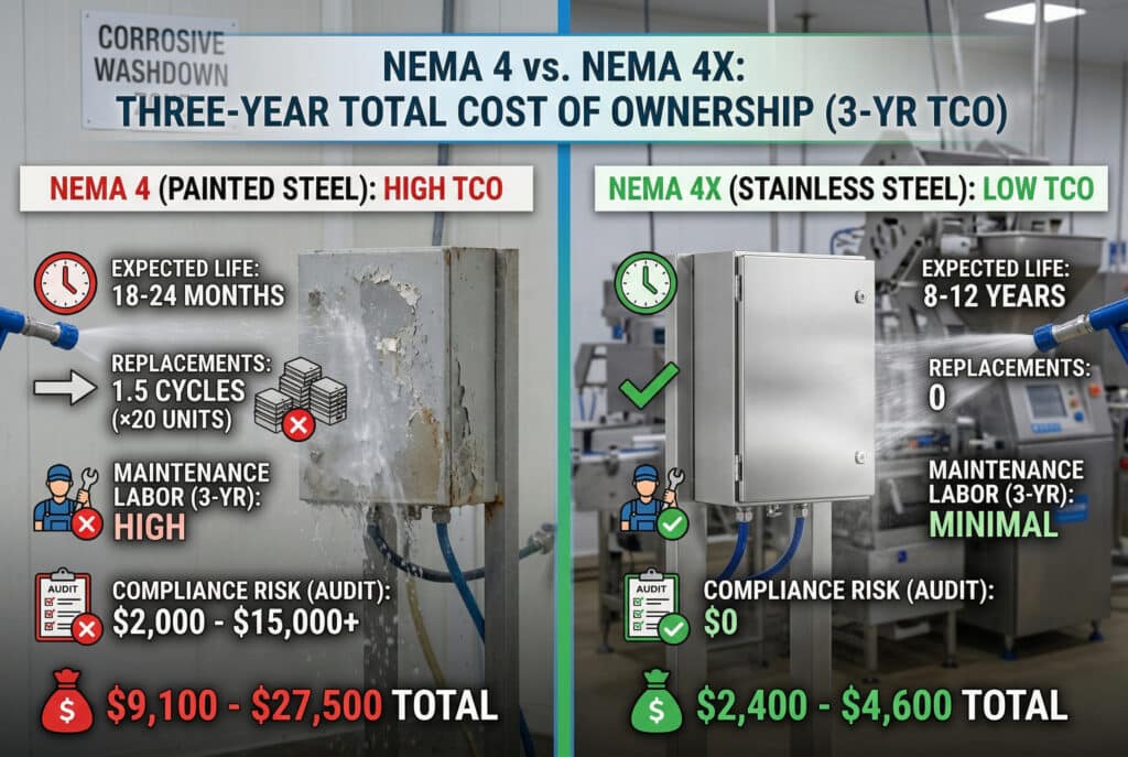 A side-by-side infographic-style photograph comparing NEMA 4 and NEMA 4X enclosures in a food processing washdown zone. The NEMA 4 painted steel enclosure is shown corroded and flaking, labeled with high TCO factors like multiple replacements, high maintenance labor, and significant audit compliance risk. The NEMA 4X stainless steel enclosure is pristine, labeled with low TCO factors including zero replacements, minimal maintenance, and zero compliance risk. Total 3-year cost overlays show a huge difference ($9,100 - $27,500 for NEMA 4 vs. $2,400 - $4,600 for NEMA 4X), highlighting the NEMA 4X specification as the economical choice in corrosive environments.