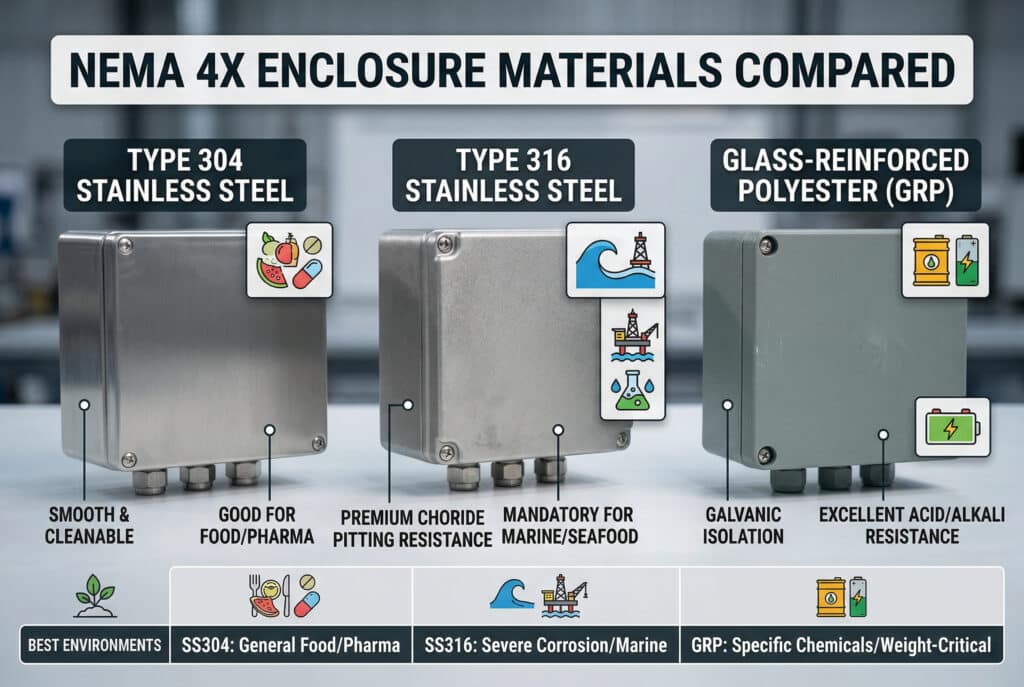 A side-by-side technical comparison of three primary NEMA 4X solenoid valve enclosure materials: Type 304 stainless steel, Type 316 stainless steel, and Glass-Reinforced Polyester (GRP/fiberglass). Each material is labeled with its distinct advantages and suitable environments, summarizing the article's comparative analysis.