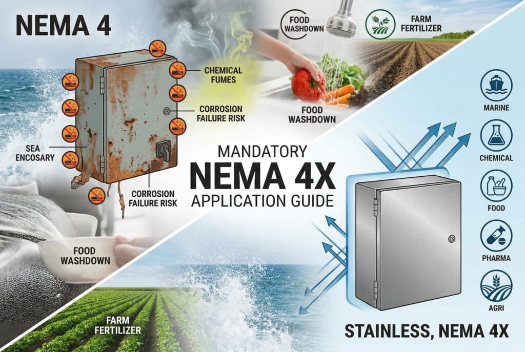 A diagonal comparison infographic visualizing the mandatory application difference between NEMA 4 and NEMA 4X. The top-left NEMA 4 side shows a rusty, failing painted steel enclosure in various corrosive environments like marine, chemical, and food processing. The bottom-right NEMA 4X side shows a pristine stainless steel enclosure effectively deflecting all the same harsh environmental factors.