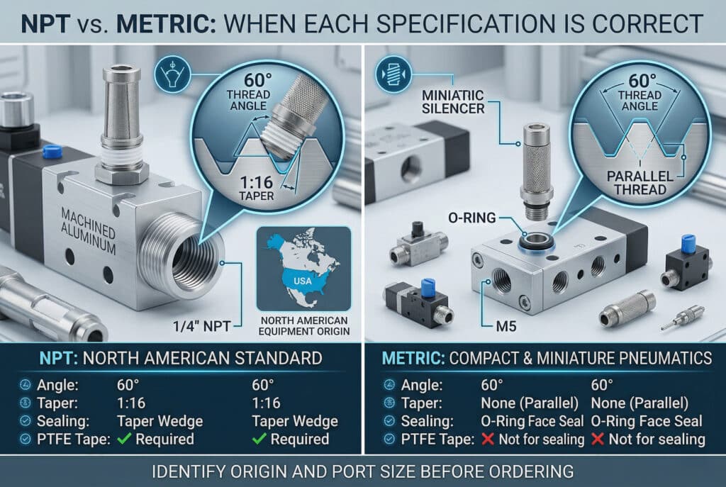แผนผังทางเทคนิคเปรียบเทียบที่แสดงการใช้งานที่แตกต่างกันของเกลียว NPT และเกลียวเมตริก โดยเปรียบเทียบวาล์วนิวเมติกขนาดใหญ่ที่มีต้นกำเนิดจากอเมริกาเหนือซึ่งมีพอร์ต NPT และซีลลิ่มทรงกรวยที่ใช้เทป PTFE กับวาล์วฐานย่อยขนาดเล็กที่มีพอร์ต M5 และซีลหน้าโอริง.