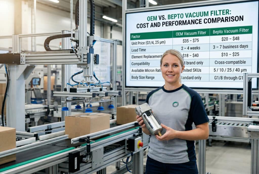 ภาพถ่ายความละเอียดสูงที่ถ่ายภายในโรงงานอัตโนมัติสำหรับบรรจุภัณฑ์สมัยใหม่ในเมืองโกเธนเบิร์ก ประเทศสวีเดน นาตาลี เบิร์กสตรอม ผู้จัดการฝ่ายจัดซื้อชาวสวีเดน ยืนอย่างมั่นใจพร้อมรอยยิ้มที่พึงพอใจ ขณะถือแผ่นกรองอากาศแบบนิวเมติกเฉพาะจากบริษัท เธอได้เปลี่ยนท่ามือเพื่อจับแผ่นกรองใหม่ แสดงให้เห็นหัวโลหะสีเงินอันเป็นเอกลักษณ์พร้อมแคลมป์ล็อกสีดำ ชามโลหะที่มีหน้าต่างโปร่งใสและข้อความที่เบลอ และปลั๊กระบายน้ำทองเหลืองที่โดดเด่นที่ด้านล่างโลโก้ Bepto ที่แกะสลักด้วยโลหะขนาดเล็กมากอย่างแม่นยำสามารถมองเห็นได้บนหัวโลหะสีเงิน ด้านหลังเธอ กระดานแสดงผลพื้นหลังขนาดใหญ่พร้อมชื่อเรื่องที่อ่านได้ชัดเจน "OEM VS. BEPTO VACUUM FILTER: COST AND PERFORMANCE COMPARISON" และข้อมูลตารางเปรียบเทียบทั้งหมดยังคงอยู่ในตำแหน่ง สายพานลำเลียงอัตโนมัติที่ทำงานพร้อมกล่องและแขนกลกำลังทำงานอยู่ แสงสว่างสดใสและสะอาด.