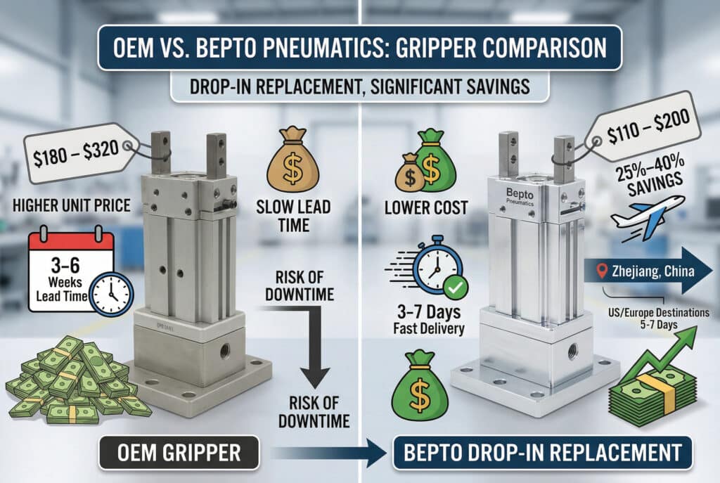 ภาพถ่ายอินโฟกราฟิกเปรียบเทียบแบบเคียงข้างกันระหว่างกริปเปอร์นิวเมติก OEM ราคาแพงทั่วไป (พร้อมถุงเงินและปฏิทินที่ทำงานช้า) กับกริปเปอร์ Bepto Drop-in Replacement ที่เงางามและใช้งานร่วมกับอุปกรณ์หลากหลายรุ่น (พร้อมราคาที่ต่ำกว่าและไอคอนเครื่องบินที่แสดงความเร็ว)ป้ายข้อความที่โดดเด่นแสดงต้นทุนที่ต่ำกว่าและระยะเวลาการจัดส่งที่รวดเร็วขึ้น (3-7 วัน) ของรุ่น 25%–40% สำหรับ Bepto โดยเน้นถึงความเข้ากันได้แบบไม่ต้องปรับเปลี่ยนและลดความเสี่ยงของเวลาหยุดทำงานสำหรับผู้จัดจำหน่ายขนาดกลาง รวมถึงแหล่งกำเนิด "เจ้อเจียง, จีน" และกราฟิกการจัดส่งทั่วโลก.
