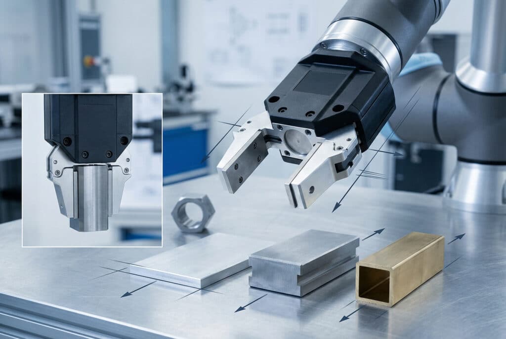 หุ่นยนต์จับชิ้นงานแบบขนานในโรงงานสมัยใหม่กำลังทำงานกับชิ้นงานตัวอย่างที่สมบูรณ์แบบหลายชิ้น ได้แก่ แผ่นเรียบ บล็อกสี่เหลี่ยมผืนผ้า และโปรไฟล์สี่เหลี่ยมจัตุรัส แสดงให้เห็นการสัมผัสของขากรรไกรที่สม่ำเสมอเพื่อความแม่นยำทางเรขาคณิตและแรง โดยใช้เส้นสเก็ชเพื่อเน้นแรงที่กระทำ.