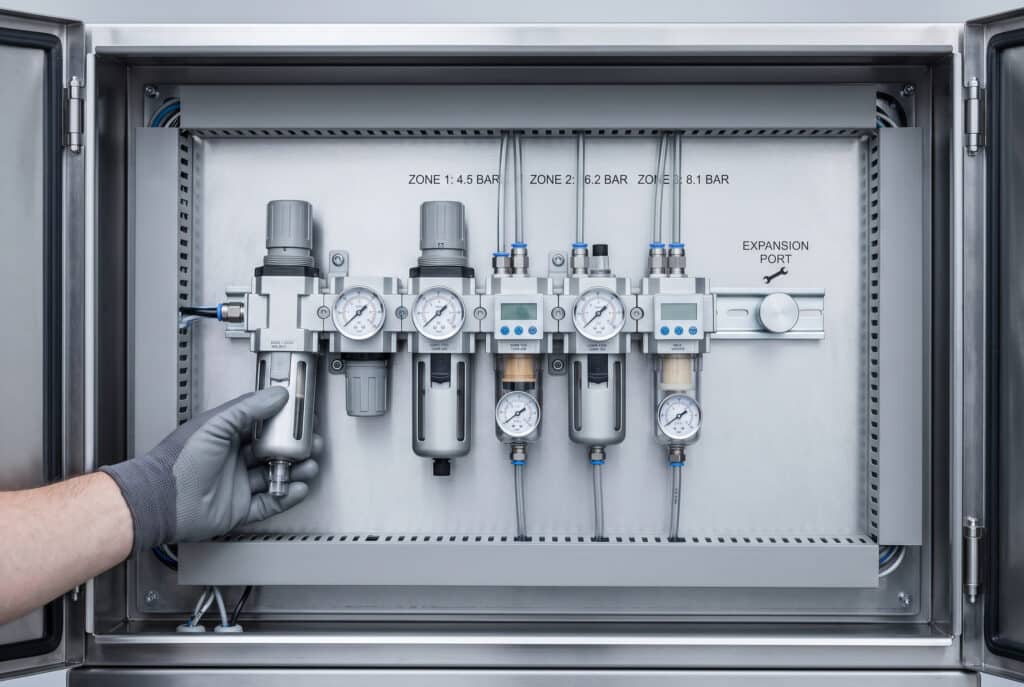 Un sistema FRL modular compacto, montado en colector, instalado dentro de un panel de control neumático limpio, que ilustra una configuración multizona con controles de presión individuales para varios circuitos y un puerto de expansión etiquetado, destacando las claves para simplificar el mantenimiento y el crecimiento del sistema.