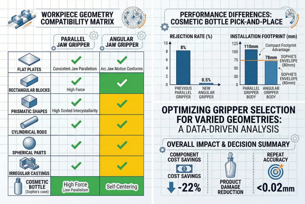 อินโฟกราฟิกเชิงเทคนิคแบบเปรียบเทียบที่ให้ข้อมูลเชิงลึกที่ขับเคลื่อนด้วยข้อมูลสำหรับการเลือกตัวจับยึดหุ่นยนต์ระหว่างประเภทขนานและประเภทมุม มีเมทริกซ์ความเข้ากันได้ของชิ้นงานในรูปทรงต่างๆ การวิเคราะห์ประสิทธิภาพโดยละเอียดสำหรับการใช้งานหยิบและวางขวดเครื่องสำอางเฉพาะที่แสดงให้เห็นการลดอัตราการปฏิเสธและพื้นที่ใช้งานได้อย่างมาก รวมถึงสรุปผลกระทบโดยรวมที่เน้นการประหยัดต้นทุน การลดความเสียหายของผลิตภัณฑ์ และความแม่นยำในการทำซ้ำสูง คู่มือภาพนี้ช่วยสนับสนุนการเลือกเชิงกลไกเพื่อประสิทธิภาพสูงสุด.
