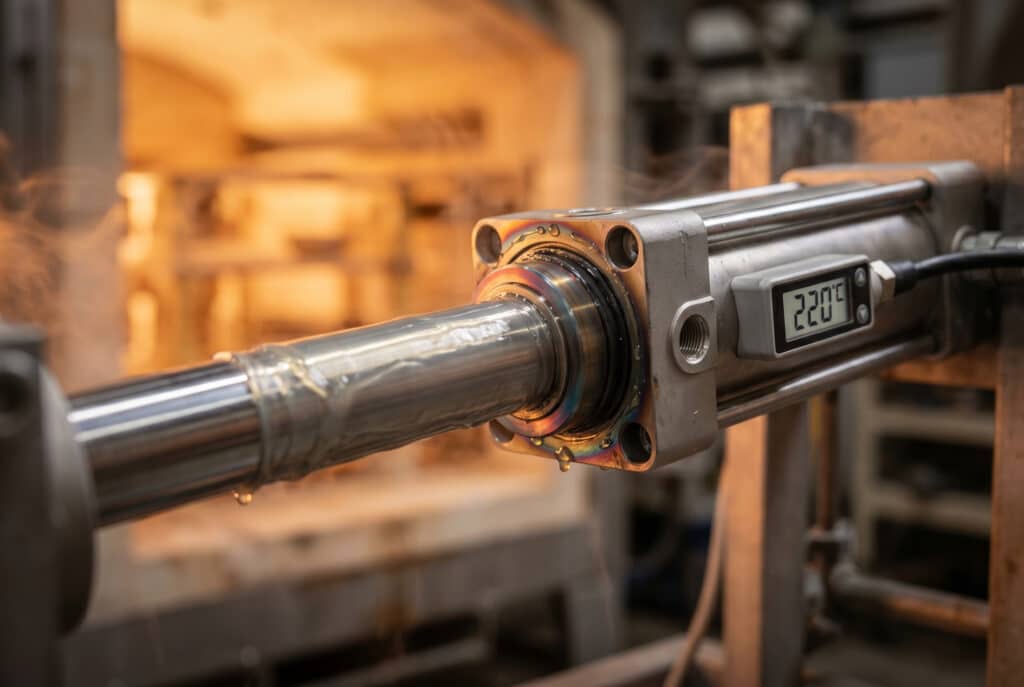 特寫照片的焦點是窯入口閘門上的高溫氣動缸，顯示在加熱至 220°C 的環境中，活塞桿上有一層穩定的專用潤滑脂薄膜。.