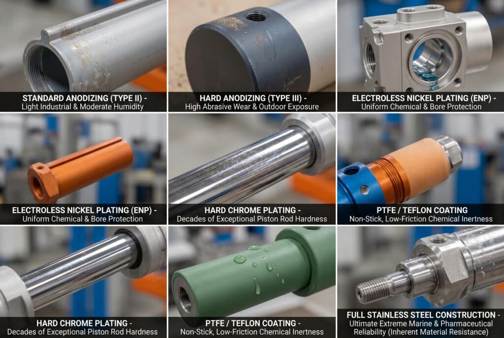 Uma infografia composta detalhada estruturada como uma grelha 3x2, comparando visualmente seis tecnologias de proteção primárias para cilindros pneumáticos através de fotografias macro de componentes. Cada painel ilustra um tipo de revestimento ou material em hardware real - anodização, ENP, crómio, PTFE e aço inoxidável - sob condições adversas relevantes, rotulado com o seu nome e principal benefício de proteção contra a corrosão, ataque químico, abrasão e desgaste, demonstrando a fiabilidade da engenharia em ambientes exigentes.