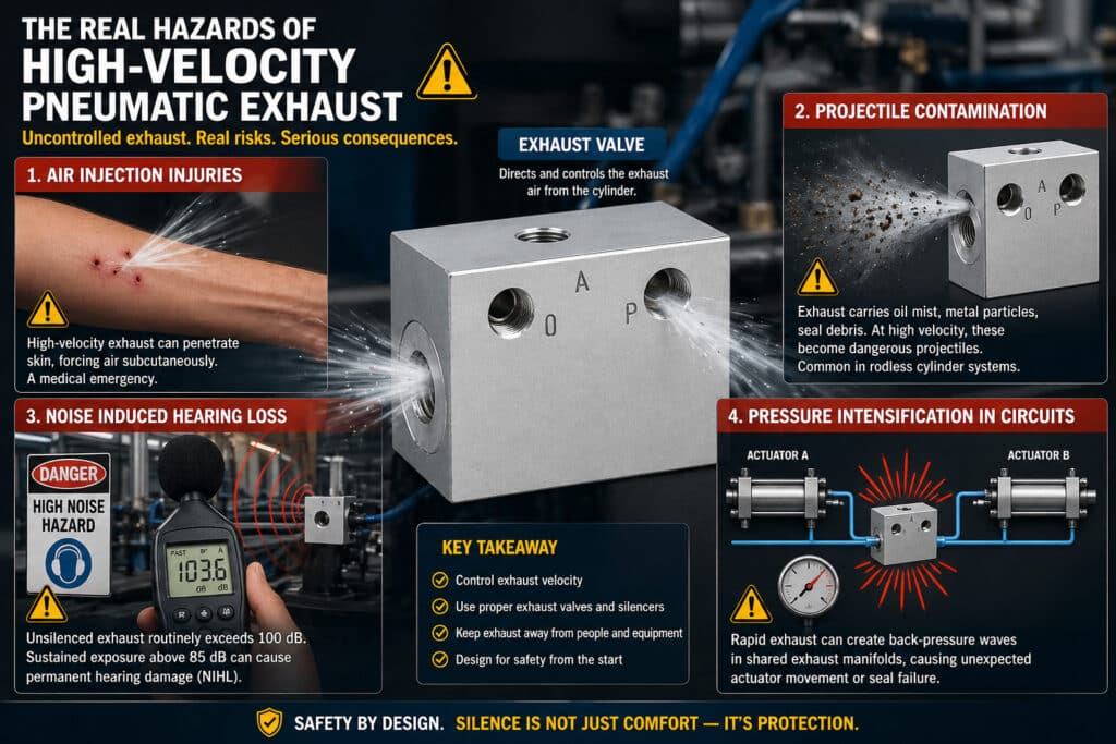 Biểu đồ thông tin về an toàn công nghiệp giới thiệu van xả khí nén nhanh và nêu rõ các nguy cơ chính của hiện tượng xả khí tốc độ cao không được kiểm soát, bao gồm chấn thương do khí phun, ô nhiễm do vật thể văng ra, tổn thương thính giác và hiện tượng tăng áp trong các mạch chung.