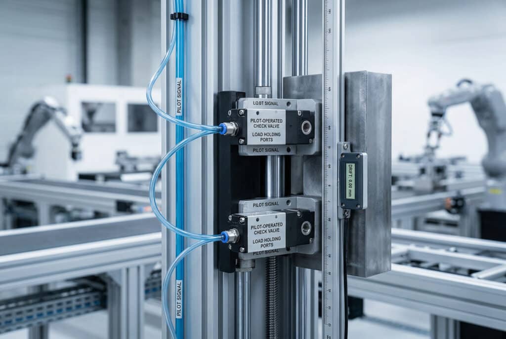 A technical photograph of a vertical rodless cylinder holding a load with two pilot-operated check valves (POCVs) installed, visually demonstrating precise position control with a digital drift reading of 0.00 mm, contrasting with standard check valves.