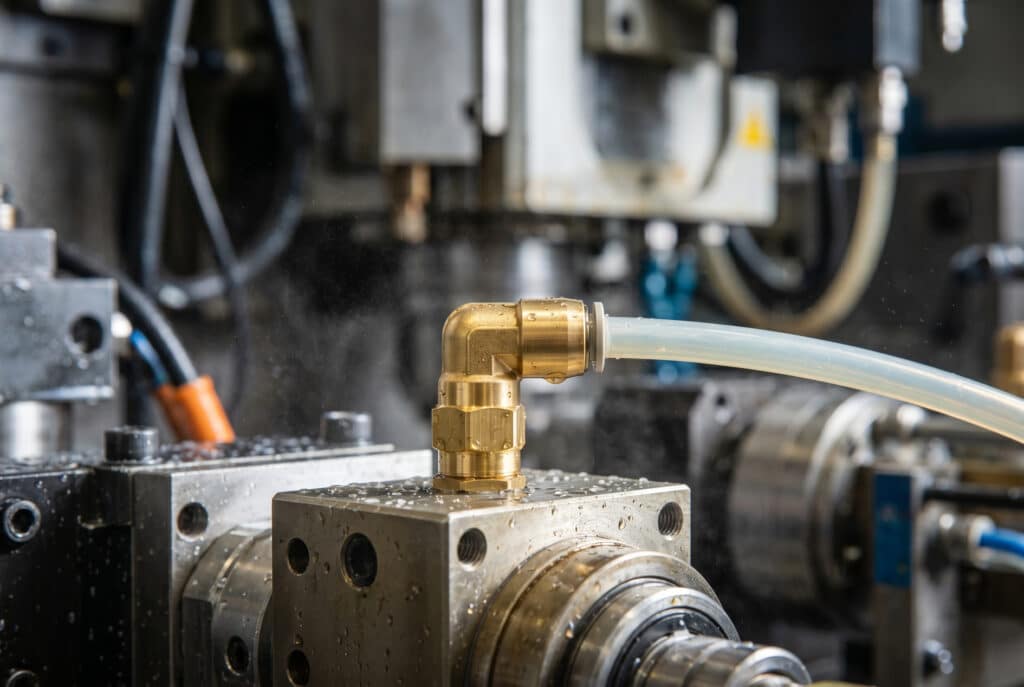 ข้อต่อแบบกดทองเหลืองทำงานได้อย่างน่าเชื่อถือในสภาพแวดล้อมอุตสาหกรรมที่รุนแรง โดยมีหยดน้ำหล่อเย็นปรากฏบนพื้นผิว ชี้ให้เห็นถึงความสามารถในการทนต่อสภาพแวดล้อมและรับประกันการทำงานอย่างต่อเนื่อง.