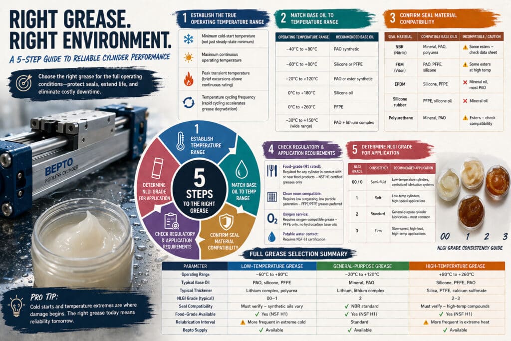 適用於氣壓缸的工程型潤滑脂選擇指南，顯示五步決策流程，包括溫度範圍、基礎油選擇、密封相容性、法規要求和 NLGI 等級，以協助將潤滑脂與實際作業條件相匹配。.