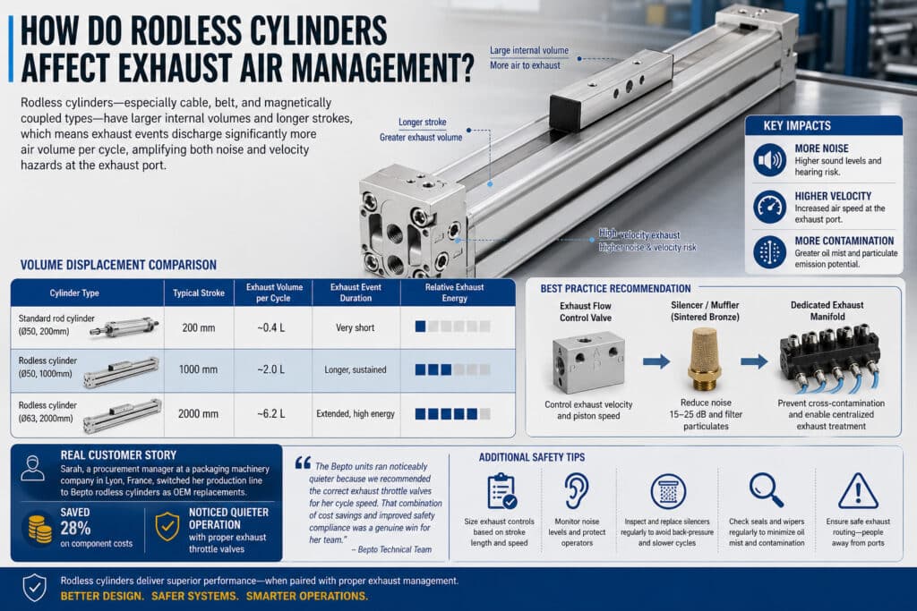 Biểu đồ thông tin kỹ thuật giải thích cách các xi lanh không trục có hành trình dài hơn và thể tích bên trong lớn hơn tạo ra lưu lượng khí xả lớn hơn, tiếng ồn tăng cao, tốc độ khí xả cao hơn và nguy cơ ô nhiễm lớn hơn, kèm theo các khuyến nghị về hệ thống điều khiển lưu lượng khí xả, bộ giảm thanh và hệ thống ống dẫn chuyên dụng.