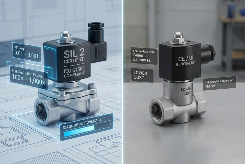La imagen muestra una comparación de dos electroválvulas que ilustran las diferencias descritas en el artículo. Por un lado, una válvula "SIL 2 CERTIFIED" con amplias superposiciones de datos que representan su diagnóstico y conformidad superiores. Por otro, una "VÁLVULA SOLENOIDE ESTÁNDAR" con etiquetas básicas, que muestra una configuración más básica. Esta visualización pone de relieve las diferentes normas de ingeniería y ensayo.