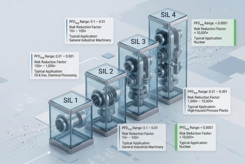 Un moderno y sofisticado diagrama visual renderizado en 3D que ilustra los cuatro niveles de integridad de la seguridad (SIL 1, SIL 2, SIL 3 y SIL 4) mediante estructuras metálicas y de cristal entrelazadas, progresivamente complejas, con mecanismos internos que se asemejan a conexiones y juntas industriales abstractas, sobre un fondo limpio y centrado en la tecnología. Cada nivel cuenta con tarjetas de datos integradas en las que se detallan los rangos PFDavg, los factores de reducción de riesgos y las aplicaciones típicas, todo ello en un texto preciso en inglés, que transmite una seguridad y fiabilidad crecientes de SIL 1 a SIL 4.