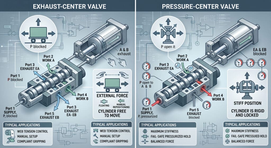 Detailed technical render and infographic illustration comparing two types of 5/3-way pneumatic directional control valves, specifically highlighting their distinct center position configurations: an Exhaust-Center Valve and a Pressure-Center Valve. Labels, icons, and flow diagrams clarify port connections, pressure status, and the resulting action on a connected double-acting cylinder. On the left, the Exhaust-Center valve allows the cylinder to be "floating" and moved by external force. On the right, the Pressure-Center valve locks the cylinder in a "rigid" state. Text for each panel and icons are 100% correct in English and directly relate to the user's article on choosing the right valve center configuration for specific industrial applications.