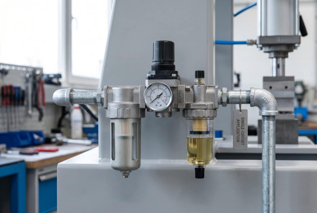 Una fotografía enfocada y detallada de una unidad FRL (Filtro-Regulador-Lubricador) independiente instalada directamente en la tubería fija de una máquina neumática, que ilustra su simplicidad, diseño compacto y facilidad de despliegue para una aplicación de circuito único dentro de un taller limpio.