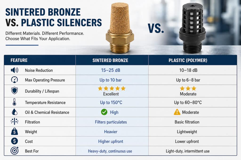 소결 청동 공압 소음기와 플라스틱 폴리머 소음기의 소음 감소, 압력 등급, 내구성, 온도 저항, 여과 및 최적 사용 분야에서 주요 차이점을 보여주는 비교 그래픽입니다.