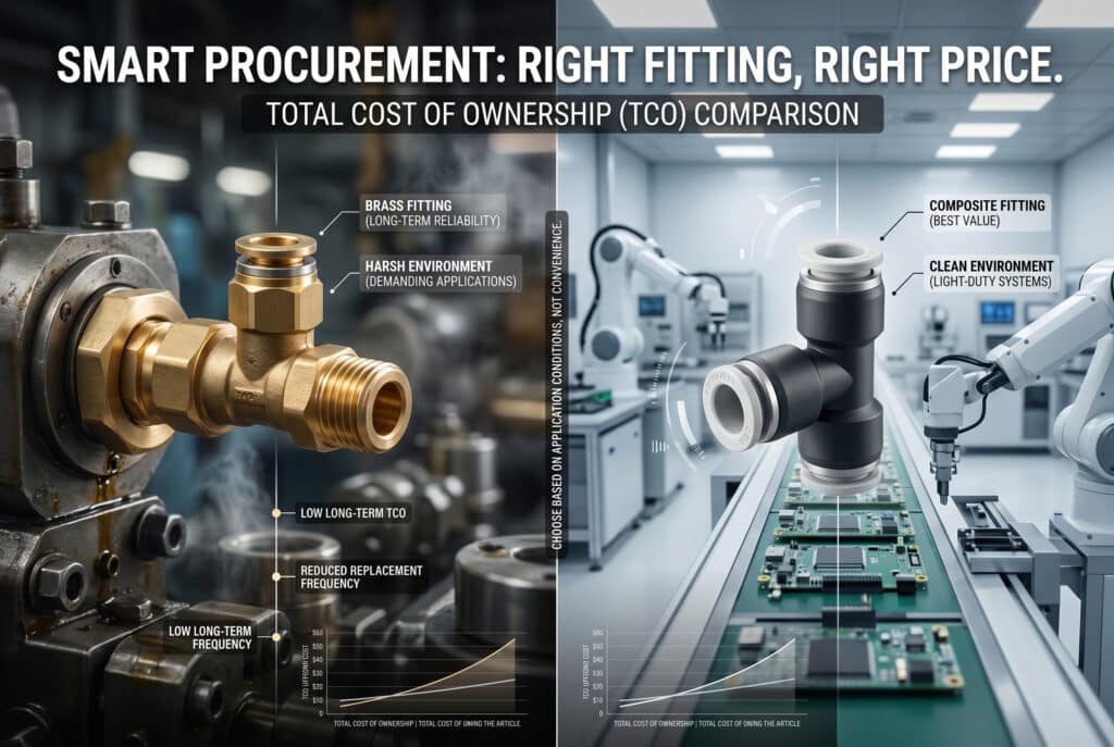 การเปรียบเทียบภาพแบบเคียงข้างกันโดยมืออาชีพ อธิบายความแตกต่างของต้นทุนรวมในการเป็นเจ้าของระยะยาว (TCO) ระหว่างข้อต่อทองเหลืองและข้อต่อคอมโพสิต แผงด้านซ้ายแสดงข้อต่อทองเหลืองที่แข็งแรง เชื่อมต่อกับเครื่องจักรอุตสาหกรรมหนักในสภาพแวดล้อมที่ท้าทาย (หมอกน้ำมัน ความร้อนสูง ไอน้ำ)แผงด้านขวาแสดงการเชื่อมต่อของข้อต่อคอมโพสิตที่สะอาดเข้ากับสายการผลิตอัตโนมัติที่สะอาดบริสุทธิ์ในสถานการณ์การใช้งานเบา (หุ่นยนต์, ชิ้นส่วนอิเล็กทรอนิกส์) ข้อความสไตล์กลางที่เน้นไว้ชัดเจนว่าข้อต่อทองเหลืองให้ต้นทุนรวมระยะยาวต่ำในสภาพแวดล้อมที่ต้องการความทนทาน ในขณะที่ข้อต่อคอมโพสิตให้ค่าความคุ้มค่าที่ดีที่สุดสำหรับการใช้งานเบา หัวข้อตรงกลางด้านบนระบุว่า: "การจัดซื้อที่ชาญฉลาด: ข้อต่อที่ถูกต้อง ราคาที่ถูกต้อง" แสงสว่างมีความกลมกลืน.