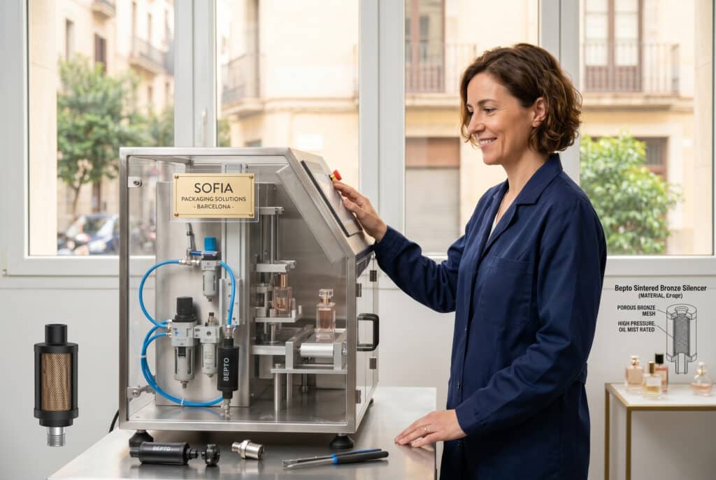 바르셀로나에 있는 소피아 패키징 솔루션의 카탈루냐인 소유주 소피아가 클린룸 화장품 포장 기계 옆에 자신 있게 서 있습니다. 검은색 벱토 플라스틱 소음기가 공압 포트에 눈에 띄게 설치되어 있어 비교 디스플레이에 표시된 무거운 소결 청동 대체품과 대조적으로 기사에서 설명한 깨끗하고 저압이며 사이클 속도가 낮은 환경에 이상적인 애플리케이션임을 보여줍니다.