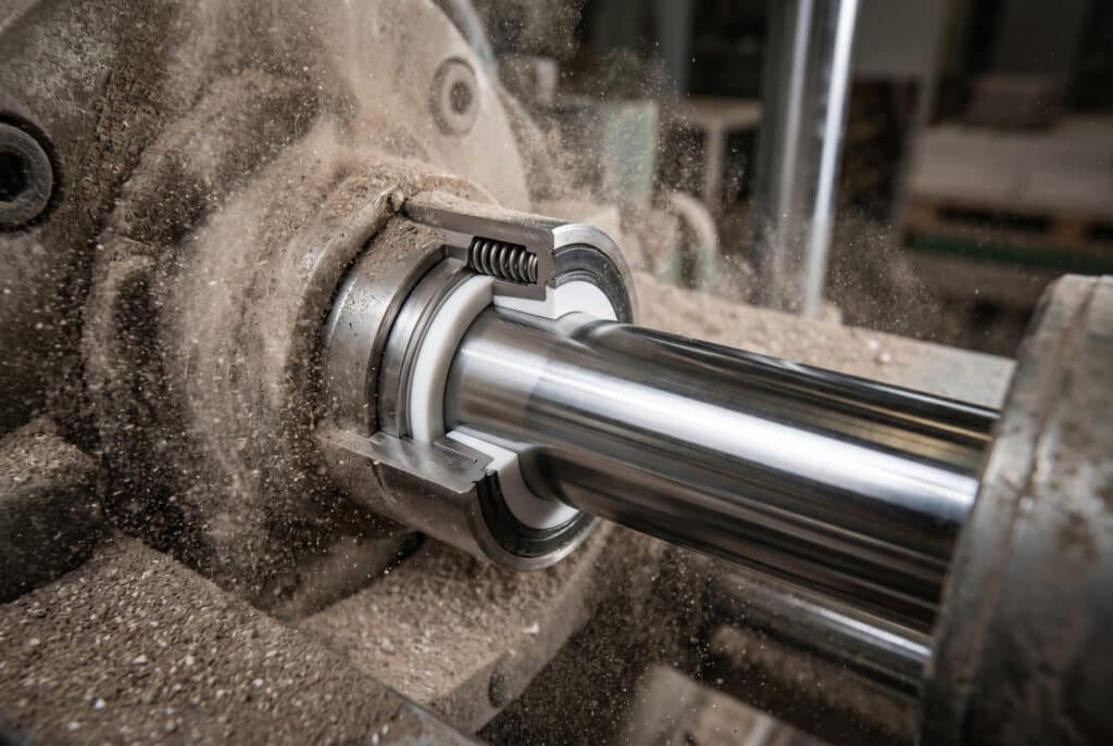 A dynamic close-up photograph of a polished dynamic cylinder rod retracting into a mechanical body, visibly deflecting a cloud of fine, abrasive ceramic silica and alumina dust that settles on surrounding machinery. A pristine, white PTFE-based rod scraper seal, with a subtle internal cutaway showing a spring energizer, makes continuous, perfect contact with the gleaming rod, forming a clean line where it wipes all dust from the surface. The background suggests a ceramic tile manufacturing plant environment without any people. The lighting is focused, highlighting the clean metal and the particulate nature of the dust.
