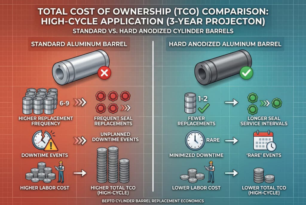 一張現代化的資訊圖表，比較標準鋁質與硬陽極處理缸筒在高週期應用中三年內的總擁有成本 (TCO)。左邊有紅色警告，列出了多次更換（6-9 次）、更多的密封件更換、更高的人工成本以及頻繁的停機事件，導致標有 'HIGHER TOTAL TCO (HIGH-CYCLE) '的一大堆硬幣。右邊的綠色核取標記顯示更少的更換次數 (1-2 次)、更長的密封間隔、更低的人工成本以及最小化的停機時間，因此標示為 'LOWER TOTAL TCO (HIGH-CYCLE) '的錢幣堆疊要小得多。此資訊圖表包含視覺化的中央圖表，附有圖示和清晰的標籤，遵循現代工程圖表的風格。所有文字均為英文。.