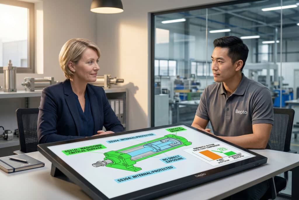 ハイブリッドSS316/SS304選択仕様戦略についてBeptoアドバイザーと議論するエンジニア、クレア・ホフマン。ディスプレイには空気圧シリンダーのカラー概略図とコスト比較表が表示され、より低いシステムコストで完全な腐食防止が可能であることが示されています。.