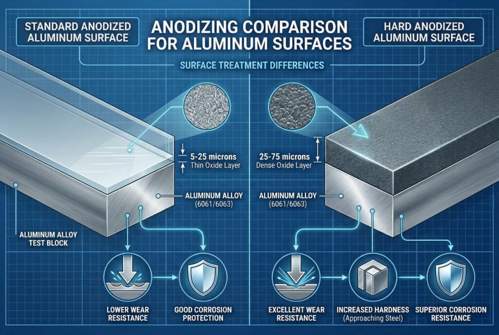 藍圖風格的技術資訊圖表，比較標準陽極化鋁材表面與硬陽極化鋁材表面，不含任何氣壓缸筒。它透過橫截圖和顯微鏡直觀地展示了氧化層厚度（5-25 微米 vs. 25-75 微米）和微觀結構的差異，突出了由此產生的材料樣品在耐磨性、硬度和耐腐蝕性等通用性能上的差異。圖表與文章中兩種表面處理的比較一致。.
