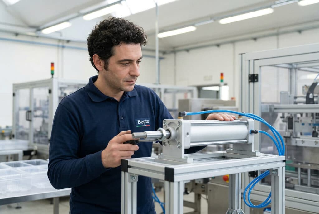 義大利維修技師 Marco 在無塵包裝車間檢查標準鋁質氣壓缸缸筒，說明其適用於無塵環境中的中低週期應用。.