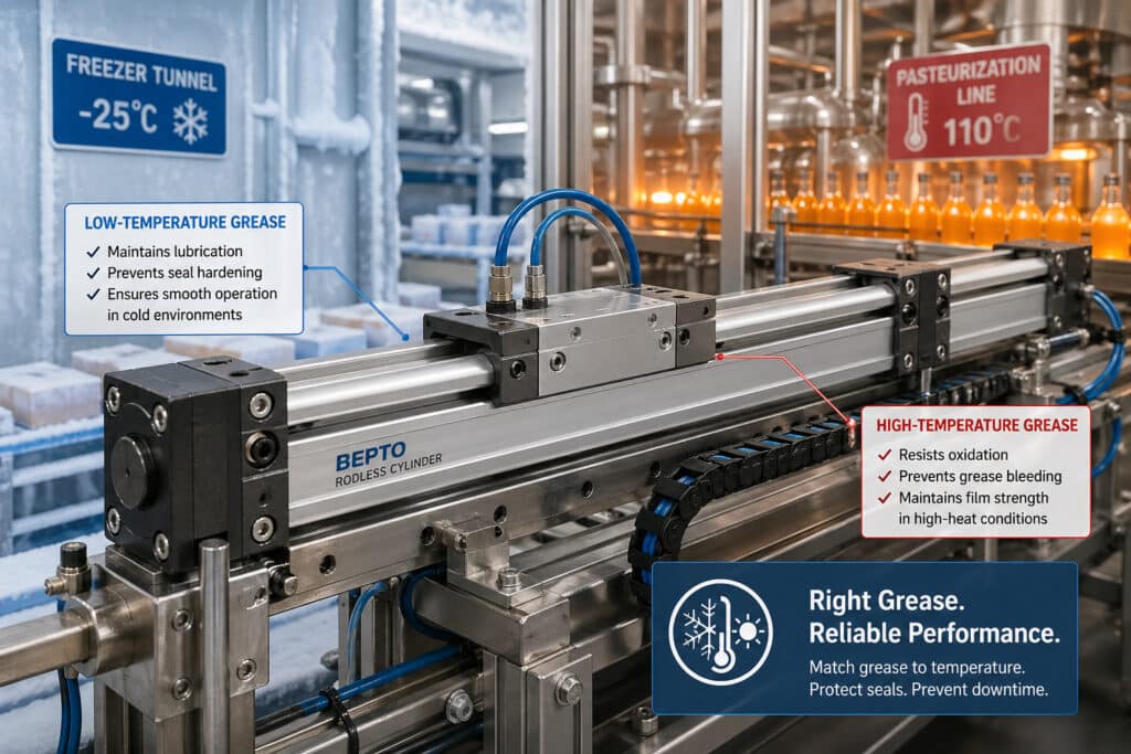 無桿式氣壓缸在低溫冷凍庫和高溫巴氏殺菌環境中運作，說明為何潤滑脂的選擇必須與實際工作溫度相符，以防止密封失效、潤滑損失和停機。.