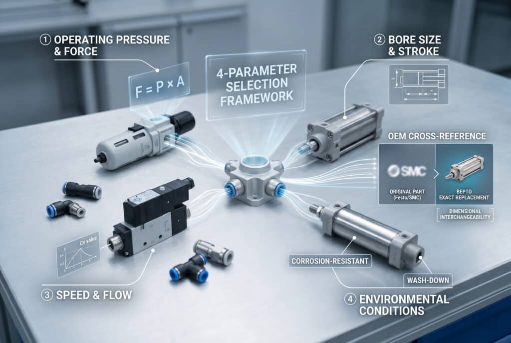 A high-tech, modern engineering workshop scene, featuring a systematic matching of pneumatic components. A central, multi-directional hub connects various elements using flowing digital data lines in white and light blue, illustrating a logic flow. Arranged on a brushed metal workbench are physical components: a pneumatic cylinder, a valve block, an FRL unit, and various fittings.