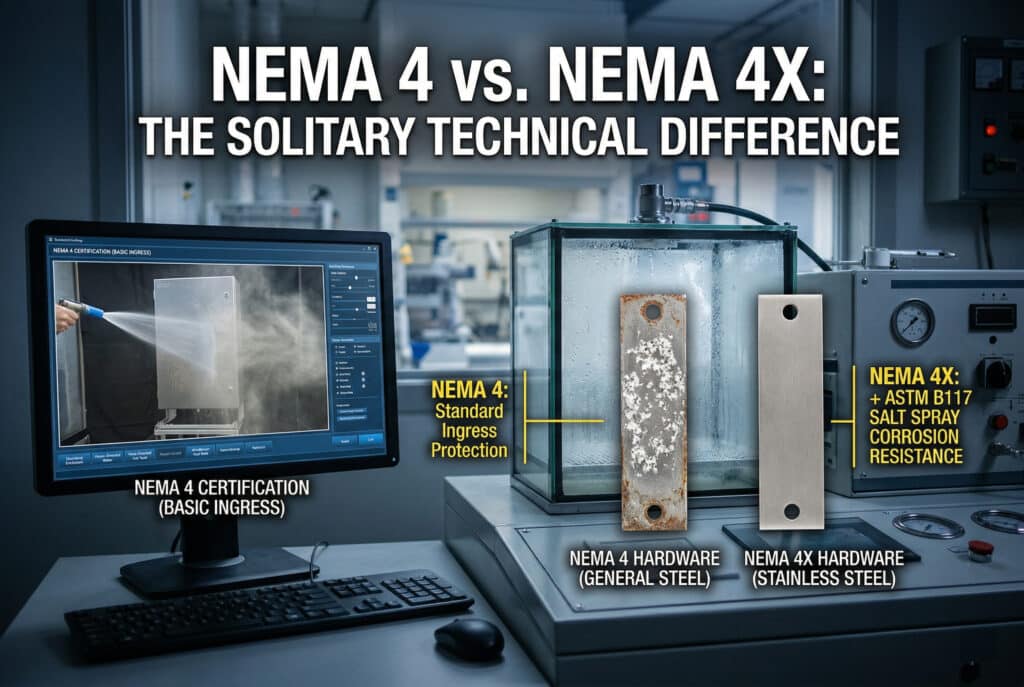 Side-by-side comparison of corroded general steel and pristine stainless steel hardware, emphasizing the crucial difference of salt spray resistance between NEMA 4 and NEMA 4X.