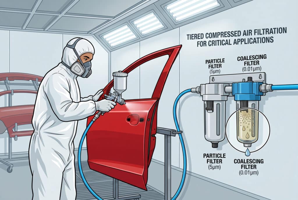 Ilustración profesional de una cabina de pintura limpia para automóviles, en la que un operario con EPI pinta la puerta de un coche. El aire comprimido se suministra a través de un colector de filtro de dos etapas en la pared, que consta de un filtro de partículas (5 µm) seguido de un filtro coalescente (0,01 µm), lo que garantiza un aire sin aceite para un acabado impecable. Las etiquetas de texto aclaran la función, visualizando una aplicación crítica que requiere filtración coalescente, como se describe en el artículo.