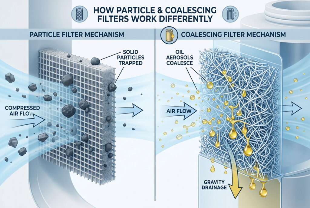 Ilustración científica comparativa que muestra los distintos mecanismos internos de los filtros de partículas de aire comprimido (que interceptan los sólidos con una malla de rejilla) y los filtros coalescentes (que utilizan fibras finas para capturar y fusionar las gotas de aceite submicrónicas, drenándolas por gravedad).