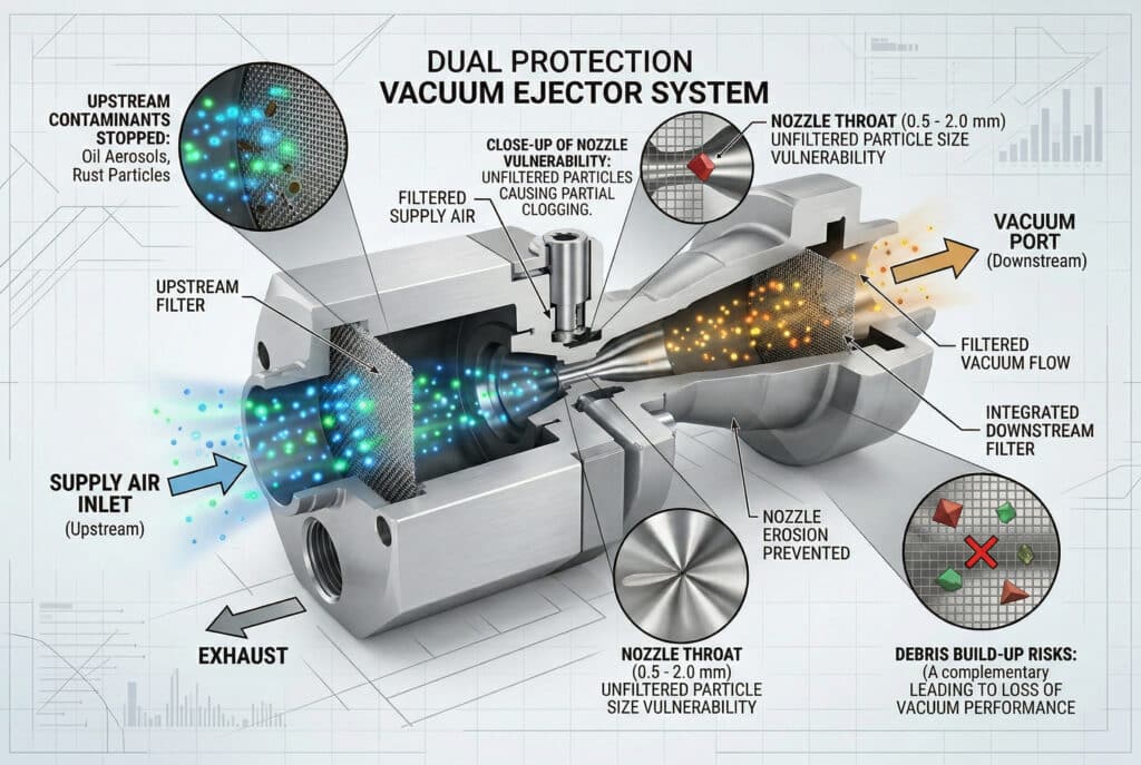 แผนภาพตัดขวางทางเทคนิคของหน่วยอีเจคเตอร์สุญญากาศแบบบูรณาการ แสดงระบบกรองแบบป้องกันสองชั้น ภาพแสดงอนุภาคสีที่แทนสิ่งปนเปื้อนต้นทาง (สีน้ำเงิน) และปลายทาง (สีส้ม) ถูกกรองโดยไส้กรองทั้งก่อนและหลังหัวฉีดกลางของอีเจคเตอร์ โดยเน้นการป้องกันการอุดตันและการกัดกร่อน ภาพขยายแสดงเส้นทางการไหลโดยละเอียดผ่านคอหัวฉีดที่สำคัญ ข้อความทั้งหมดเป็นภาษาอังกฤษที่ถูกต้อง.