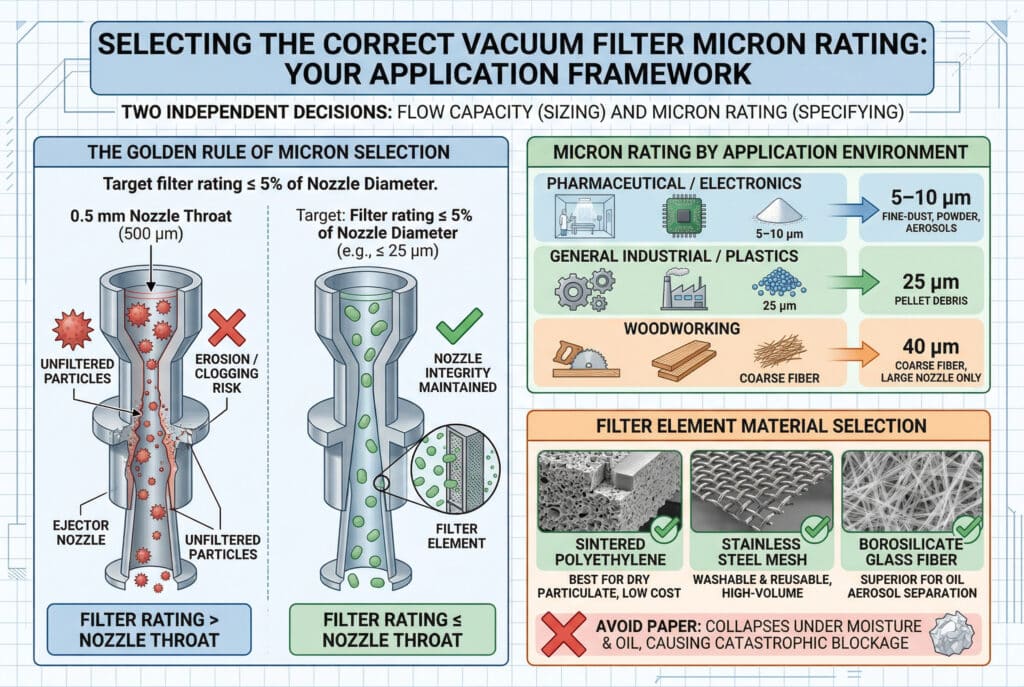 อินโฟกราฟิกทางวิศวกรรมเทคนิคแบบหลายแผงที่แสดงภาพเกณฑ์ที่ถูกต้องในการเลือกขนาดไมครอนของตัวกรองสูญญากาศ ประกอบด้วยแผนภาพเปรียบเทียบตัวกรองที่มีขนาดใหญ่เกินไปและไม่ถูกต้องกับตัวกรองที่ถูกต้องซึ่งมีเครื่องหมายถูกสีเขียว แสดงให้เห็นว่าขนาดที่เล็กกว่าสามารถรักษาความสมบูรณ์ของหัวฉีดสำหรับช่องขนาด 0.5 มม. (500 ไมโครเมตร) ได้อย่างไรด้านล่างนี้ ฉากที่ออกแบบอย่างมีสไตล์แสดงสภาพแวดล้อมอุตสาหกรรมที่แตกต่างกัน เช่น ห้องสะอาดสำหรับอิเล็กทรอนิกส์ (5–10 µm) และร้านงานไม้ (40 µm) พร้อมสิ่งปนเปื้อนทั่วไปและระดับความเหมาะสมที่แนะนำ ตารางสุดท้ายแสดงภาพขยายของวัสดุที่ถูกต้อง เช่น ตะแกรงสแตนเลสและ PE แบบเผาผนึก พร้อมเครื่องหมาย 'X' สีแดงบนแผ่นกรองกระดาษที่ยุบตัว พร้อมป้ายกำกับว่า: "หลีกเลี่ยงกระดาษ" ข้อความและตัวเลขทั้งหมดมีความแม่นยำ.