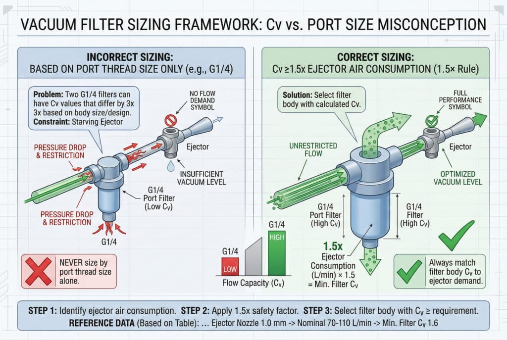 แผนผังทางเทคนิค/อินโฟกราฟิกที่แบ่งออกเป็นสองแผงหลัก แสดงวิธีการที่ถูกต้องและไม่ถูกต้องในการจับคู่ความสามารถในการไหลของตัวกรองสุญญากาศกับขนาดของอีเจกเตอร์ ทางด้านซ้าย (ไม่ถูกต้อง) ตัวกรองขนาดเล็กที่มีพอร์ต G1/4 และค่า Cv ต่ำทำให้เกิดการลดลงของความดันและการจำกัดการไหล (ระบุว่าเป็น 'ระดับสุญญากาศไม่เพียงพอ') สำหรับอีเจกเตอร์ ซึ่งแสดงให้เห็นถึงปัญหาของการเลือกขนาดโดยใช้ขนาดเกลียวพอร์ตเพียงอย่างเดียวทางด้านขวา (ถูกต้อง) มีตัวกรองขนาดใหญ่กว่ามาก ซึ่งก็มีพอร์ต G1/4 เช่นกัน แต่มีค่า Cv สูง ให้การไหลที่ไม่ถูกจำกัด (ระบุไว้ว่า 'ระดับสูญญากาศที่เหมาะสม') โดยการปรับตัวกรองให้สอดคล้องกับความต้องการของอีเจคเตอร์ตามค่า Cv ขั้นต่ำที่คำนวณได้มาตราส่วนกลางเปรียบเทียบความสามารถในการไหลของ Cv ฟองคำและคำอธิบายทั้งหมดมีการสะกดถูกต้องตามมาตรฐาน 100% อธิบายแนวคิดทางเทคนิคและสูตรต่างๆ เช่น 'การบริโภคของอีเจคเตอร์ (ลิตร/นาที) x 1.5 = Cv ขั้นต่ำของฟิลเตอร์' ไม่มีบุคคลในแผนภาพ.