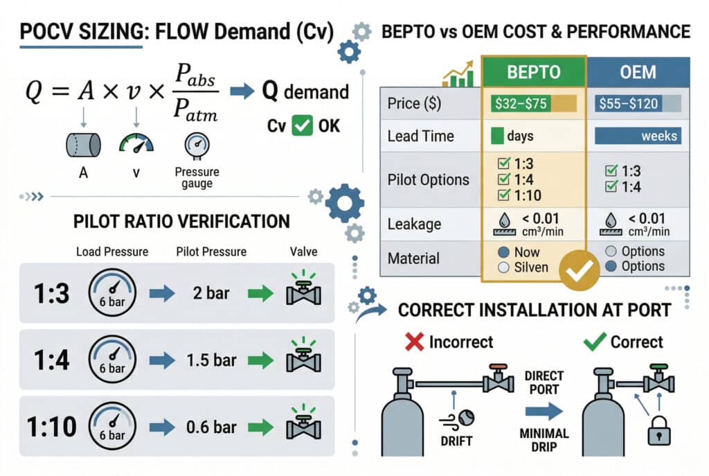 A technical infographic contrasting standard and pilot-operated check valves (POCVs), focusing on flow coefficient (Cv) sizing calculations, pilot pressure ratio verification, and a cost-performance comparison of Bepto vs OEM, with minimalist data visualizations, formulas, and diagrams. It includes correct installation guidelines.