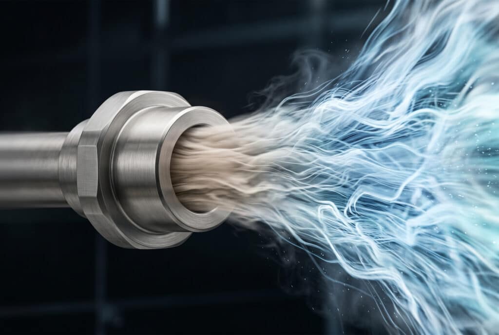 Một hình minh họa khái niệm thể hiện các hiện tượng vật lý trong quá trình xả khí nén. Một vòi phun kim loại phun ra một luồng khí mạnh mẽ, mô tả quá trình giãn nở adiabat nhanh chóng với các đường dòng chảy chuyển từ tông màu trung tính sang màu xanh lạnh, băng giá, tượng trưng cho vận tốc cao và sự giảm nhiệt độ.