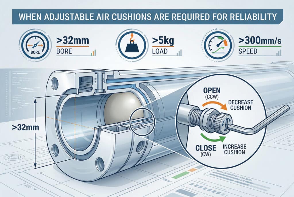 工程插圖顯示氣壓缸的橫截面，以及可調式緩衝針閥調整螺絲的放大視圖。圖中強調，當氣缸孔徑 >32mm、負載 >5kg、速度 >300mm/s 時，需要使用可調式緩衝器以獲得可靠的性能。箭頭和標籤（OPEN、CLOSE）表示根據硬物撞擊或反彈等症狀進行方向調整。.