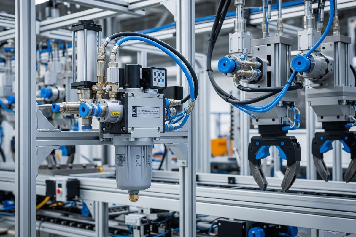 A pneumatic filter-regulator supplying conditioned air to control pneumatic cylinders, rotary actuators, and grippers on automated machinery and assembly lines.