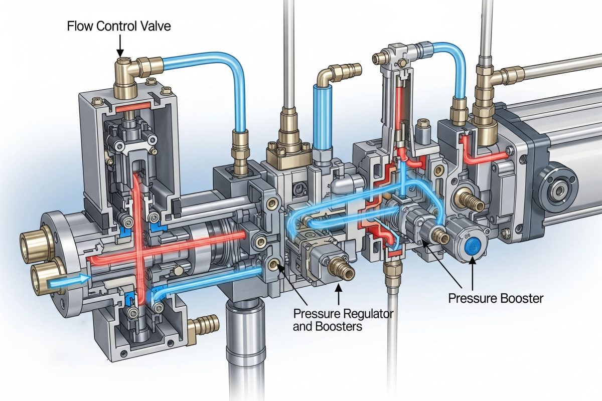 Ventili za kontrolu i regulaciju prikazani u pneumatskom sistemu, sa ventilima za kontrolu protoka koji podešavaju brzinu aktuatorа i regulatorima pritiska koji upravljaju silom.