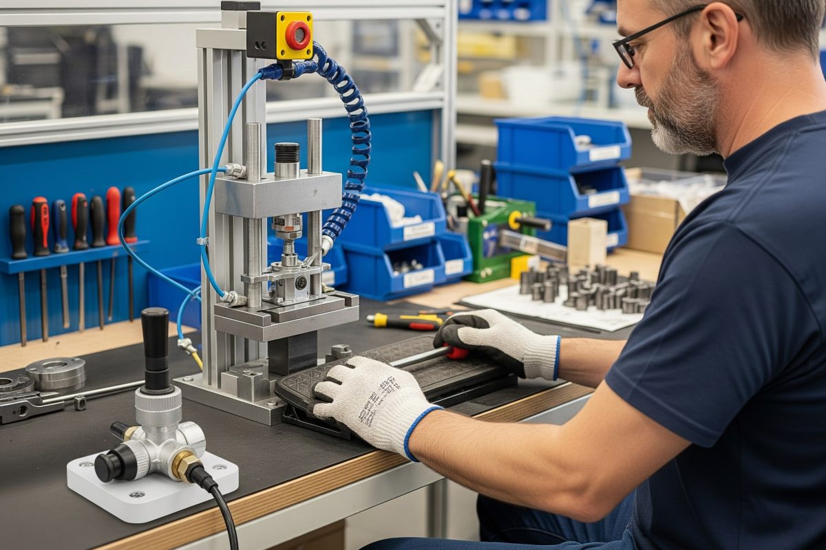 Operator na radnoj stanici za montažu koristi nožnim upravljani smjerni ventil za kontrolu steznih uređaja ili malih preša, oslobađajući obje ruke za montažne zadatke.