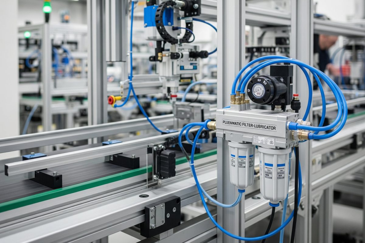 A pneumatic filter-lubricator ensuring reliable operation of pneumatic components in pick-and-place units, conveyors, and other machinery on an automated assembly line.