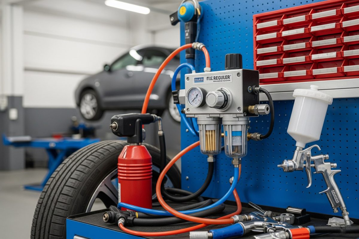 A pneumatic filter-regulator in an automotive workshop ensuring clean, regulated air for tire inflators, paint spray guns, and other pneumatic tools.